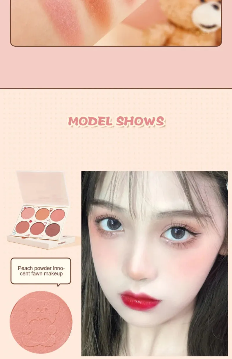 6 Colors Blush Palette Mineral Powder Red Rouge Lasting waterproof Natural Cheek Tint Peach Pink Blush Korean Cosmetic Makeup