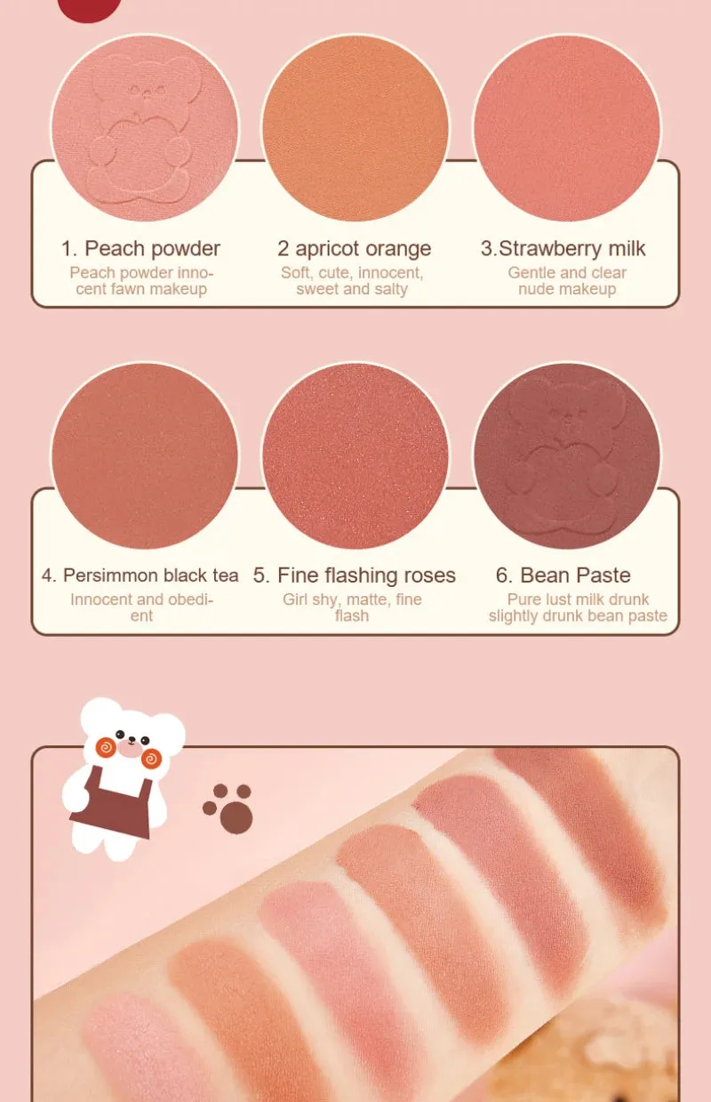 6 Colors Blush Palette Mineral Powder Red Rouge Lasting waterproof Natural Cheek Tint Peach Pink Blush Korean Cosmetic Makeup