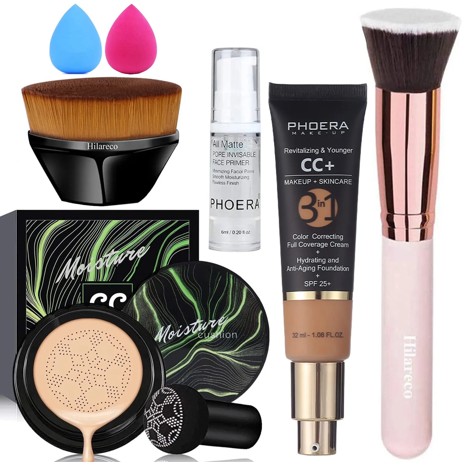 Air Cushion CC Cream Natural Foundation,PHOERA CC  Cream Color Correcting Anti Aging Hydrating Serum &SPF 25 ,PHOERA Primer, Kabuki Brush Foundation Makeup Sponge(#04Buff Beige CC 140 Buff Beige)