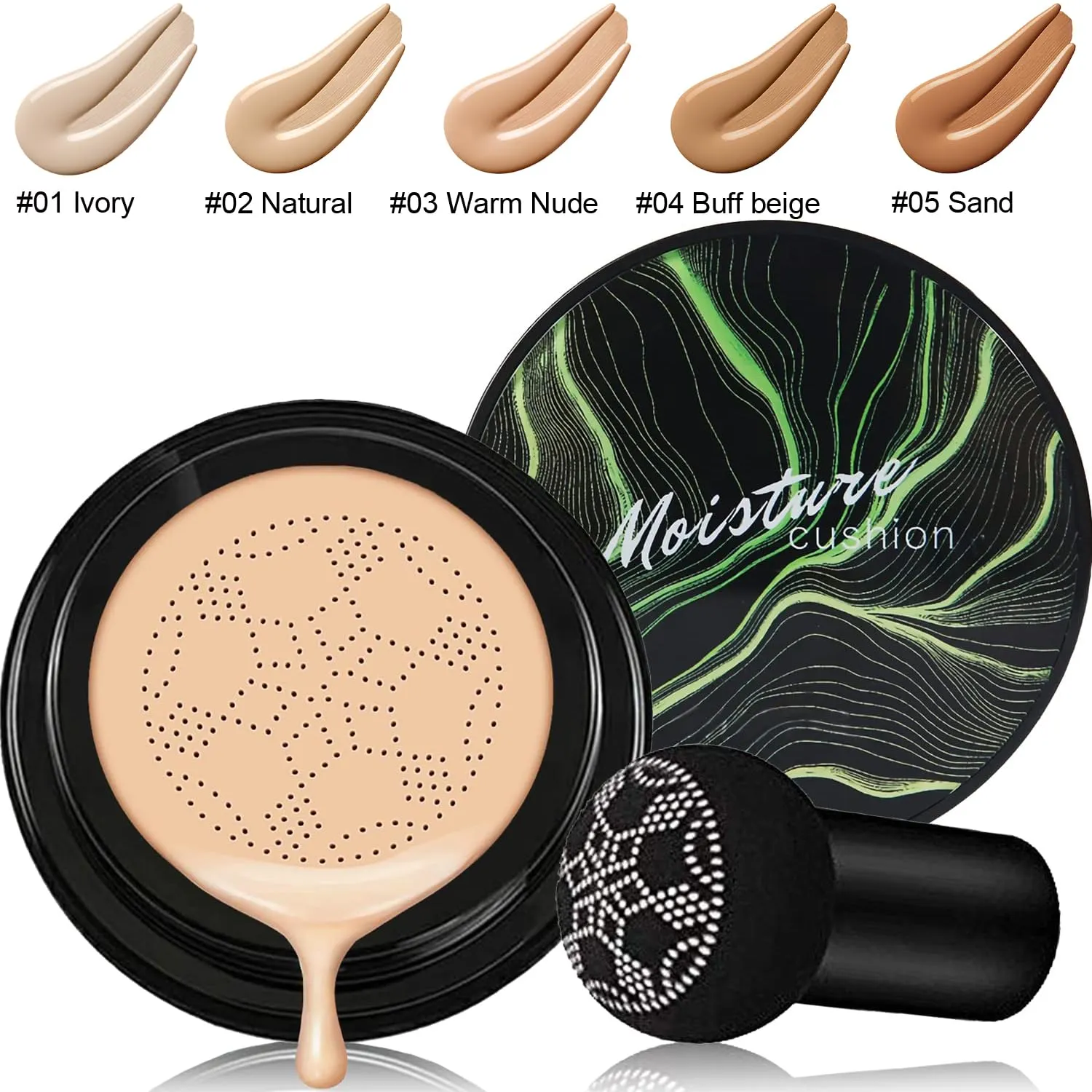 Air Cushion CC Cream Natural Foundation,PHOERA CC  Cream Color Correcting Anti Aging Hydrating Serum &SPF 25 ,PHOERA Primer, Kabuki Brush Foundation Makeup Sponge(#04Buff Beige CC 140 Buff Beige)