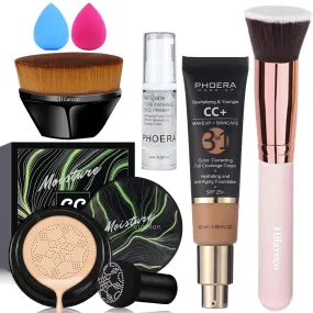 Air Cushion CC Cream Natural Foundation,PHOERA CC  Cream Color Correcting Anti Aging Hydrating Serum &SPF 25 ,PHOERA Primer, Kabuki Brush Foundation Makeup Sponge(#04Buff Beige CC 140 Buff Beige)