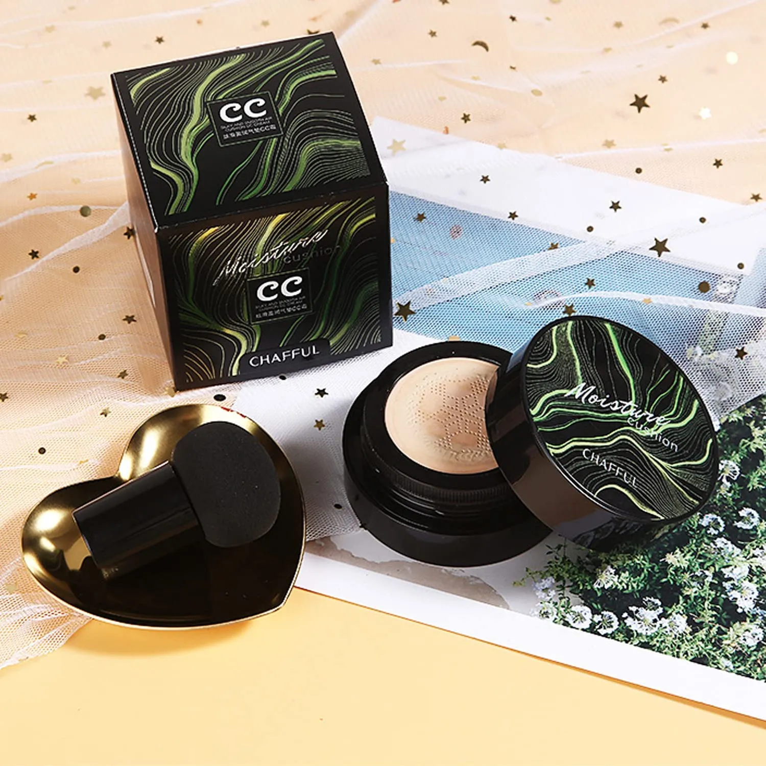 Air Cushion CC Cream Natural Foundation,PHOERA CC  Cream Color Correcting Anti Aging Hydrating Serum &SPF 25 ,PHOERA Primer, Kabuki Brush Foundation Makeup Sponge(#04Buff Beige CC 140 Buff Beige)