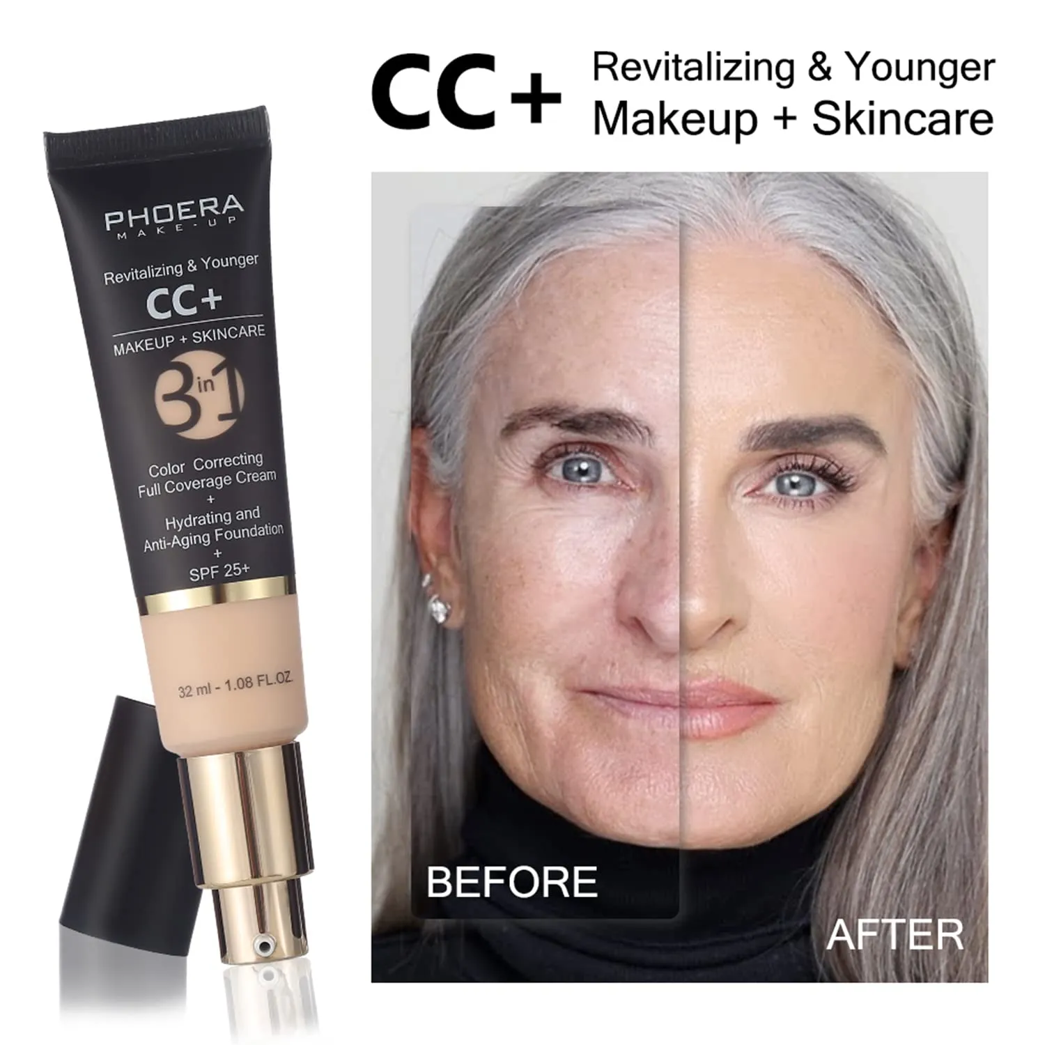 Air Cushion CC Cream Natural Foundation,PHOERA CC  Cream Color Correcting Anti Aging Hydrating Serum &SPF 25 ,PHOERA Primer, Kabuki Brush Foundation Makeup Sponge(#04Buff Beige CC 140 Buff Beige)