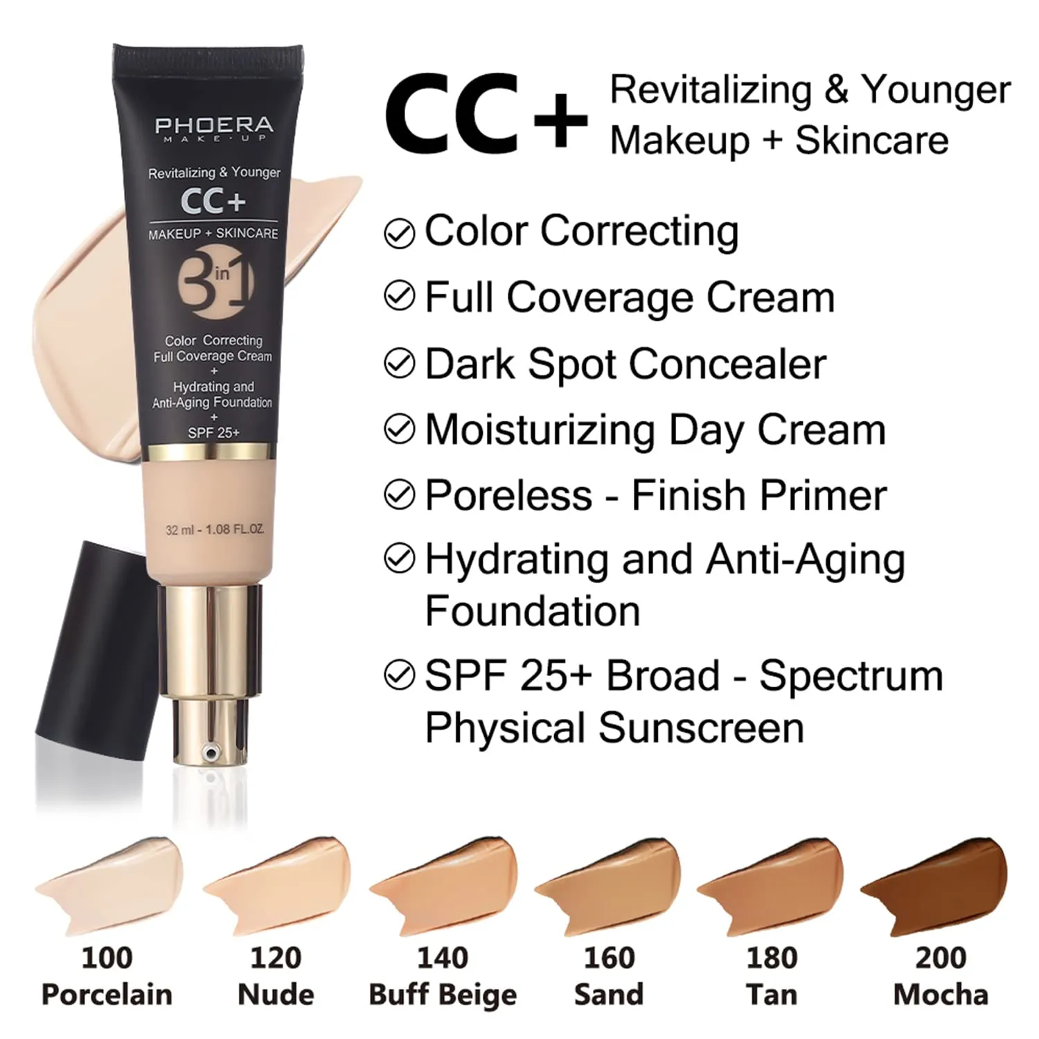 Air Cushion CC Cream Natural Foundation,PHOERA CC  Cream Color Correcting Anti Aging Hydrating Serum &SPF 25 ,PHOERA Primer, Kabuki Brush Foundation Makeup Sponge(#04Buff Beige CC 140 Buff Beige)