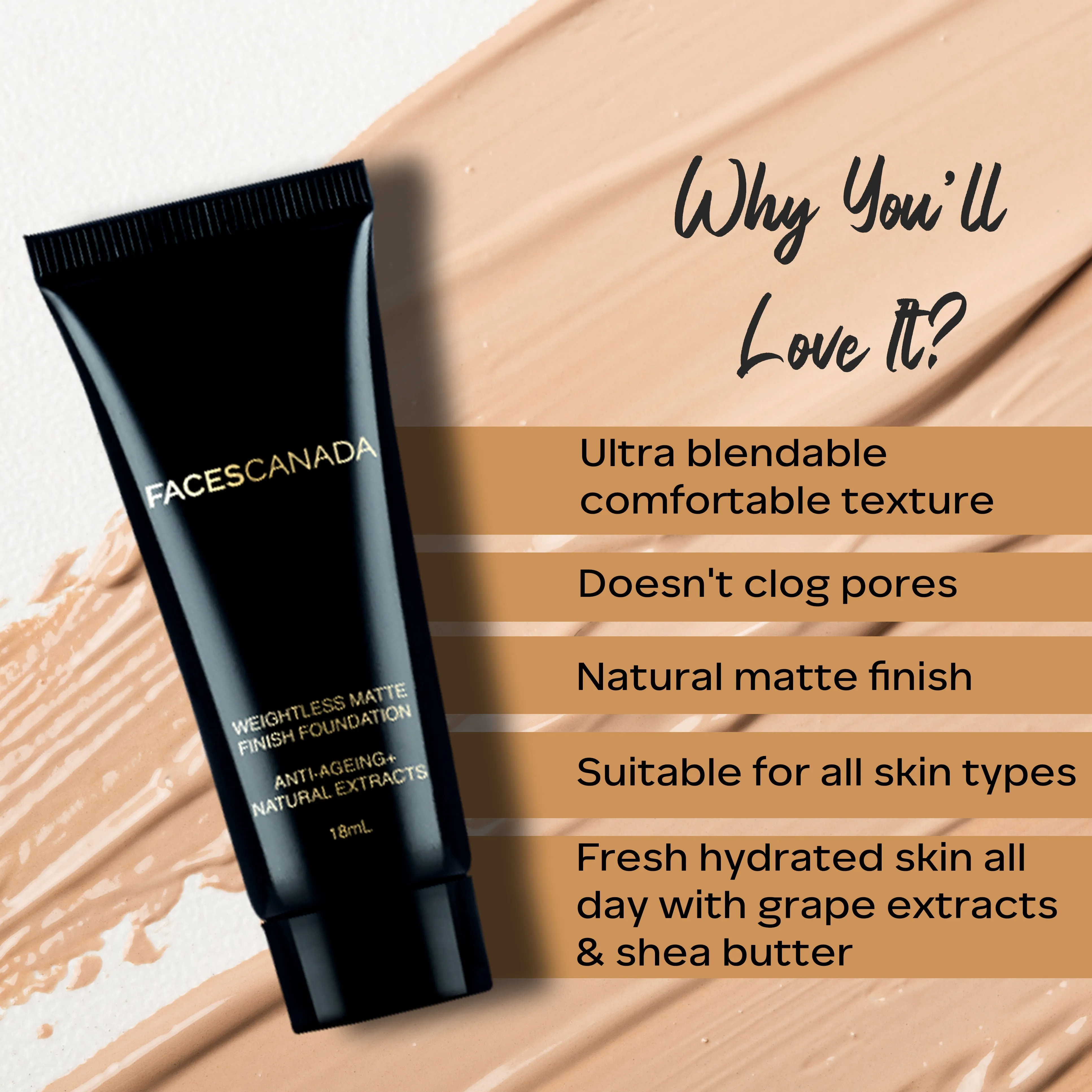 Faces Canada Weightless Matte Foundation | Grape extracts & Shea Butter|Natural Matte Finish | Dermatologically Tested | All Skin Types | Ivory 18ml